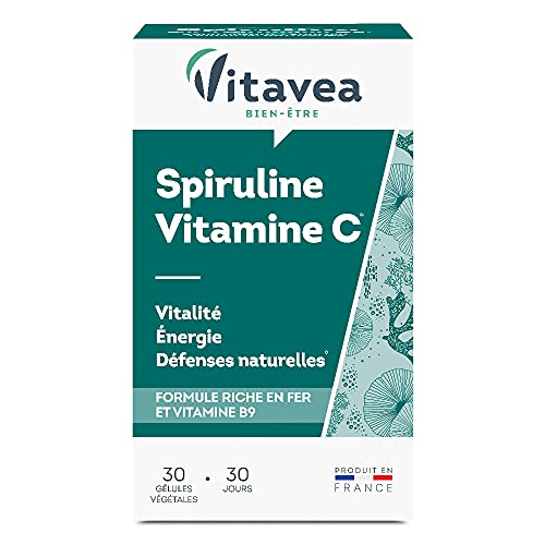 Vitavea - Spiruline Vitamine C Fer Vitamine B9 - Algue bleue Acide folique Acide ascorbique - Revitalisant Énergie Défenses naturelles - Fabriqué en France - 30 gélules végétales