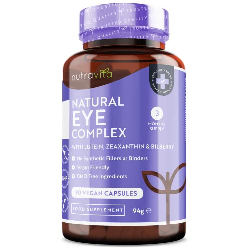 Complément santé pour les yeux − contient de la lutéine, zéaxanthine, du zinc, de l'extrait de myrtille et de la vitamine A et B12 – maintien d’une bonne vision − 90 gélules − Fabriqué par Nutravita