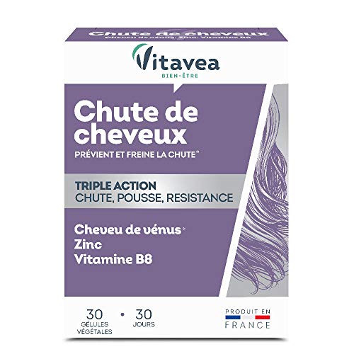 Vitavea Chute de Cheveux - Complément Alimentaire Soin Cheveux - 3 Actions : Chute, Pousse, Résistance - Biotine (vitamine B8), Zinc, Cheveu de Vénus - 30 gélules - Cure de 1 mois - Fabriqué en France